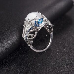 Silver, Hollow Opal, Blue Crystal Cat Eye Ring